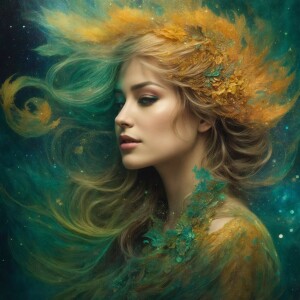 A galactic grungy siren emerges from swirling cosmic dust, her s...