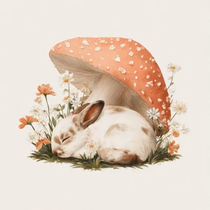 A cute fluffy rabbit sleeping peacefully curled up under a large...