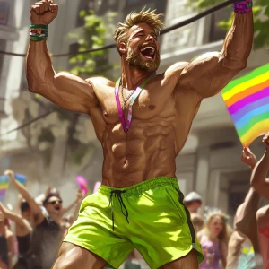 Refined Prompt: A muscular, blonde-haired man with a beard, spor...