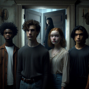 4 teenagers are standing in an abandoned mansion. There's an ope...