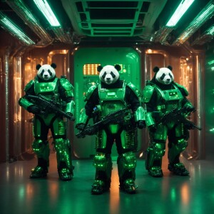 panda bears with guns in robotic suit with green lights attached...