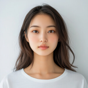 Create an image of a cute 21-year-old Japanese woman with a clea...