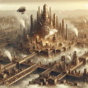 A sprawling steampunk city with towering brass-clad buildings connected by intricate bridges. Steam rises from vents in the streets below, and dirigibles hover above, their glowing engines lighting up the hazy sky