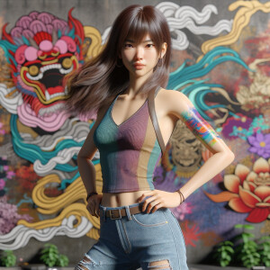 Athletic Thin skinny Attractive, Asian teenage girl, long brown hair and bangs, wearing tight skinny jeans and a halter top paint marks on her clothing, heroic pose Asian graffiti background