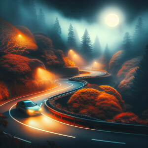Autumn. Night. Serpentine. A car is driving in the fog on the ro...