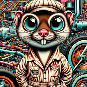 Weasel wearing a mechanis jump suit with bulging eyes in a rat f...