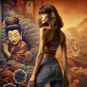 Athletic Thin skinny Attractive, Asian teenage girl, long brown hair and bangs, wearing tight skinny jeans and a halter top paint marks on her clothing, heroic pose Asian graffiti background, backside view