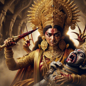 portrait of angry looking goddess durga  carrying a weak mahishasur in her arms and stabbing him with her amazingly long red fingernails. She is wearing gold armor, a huge gold crown, gold saree, abundant  gold jewelry, covered in blood. The scene is set in ancient India. The image is 8K resolution, cinematic, ultra detailed face and epic.