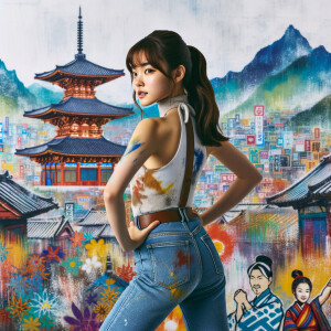 Attractive, Asian teenage girl, long brown hair and bangs, wearing tight skinny jeans and a halter top paint marks on her clothing, backside view heroic pose Asian graffiti