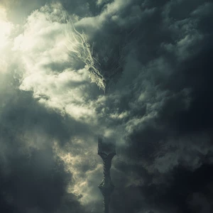 Langsam taucht das Gesicht des Drachen auf, das sich schwach in...