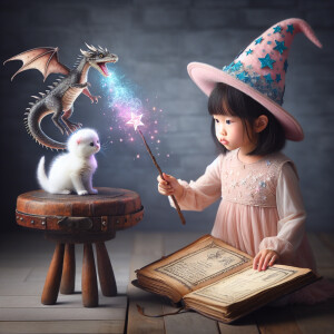 Create an image of a little girl witch in training. She is about...