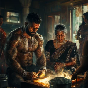 HD digital art 1:1 aspect ratio, depicting a muscular, tattooed...