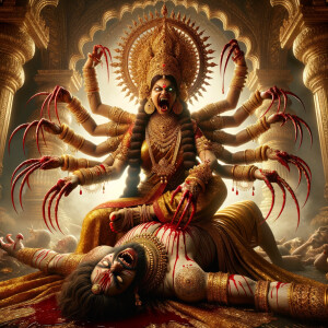 portrait of angry looking, four-armed indian goddess sitting on...