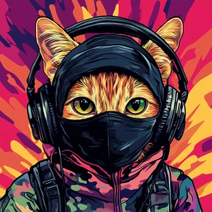 A wide-eyed ginger cat wearing a black tactical balaclava (or ma...