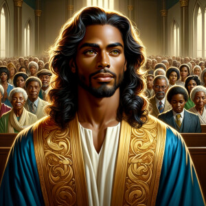 Illustrate an inspiring African-American Jesus crust with a dign...