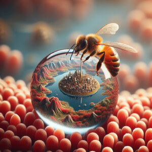 A stunning macro photograph of a bee carrying a drop of water co...