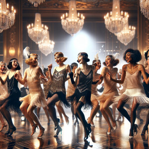 A group of Flapper girls energetically dancing the Charleston on...
