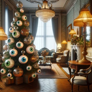 Design a  vintage Christmas scene set in a stylish apartment, in...