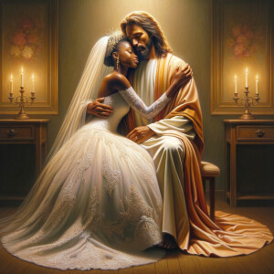 Imagine a hyper-realistic oil painting that captures a tender moment between theAfrican American bride and her God. The setting is intimate and filled with soft, warm lighting that enhances the emotional depth of the scene. The bride, in herexquisite wedding gown, shares a heartfelt embrace with her african-American Lord Jesus , who is dressedin an elegant outfit that complements the wedding's color scheme. Their expressions are full of love, pride, and joy, reflecting the special bond between them. Theattention to detail is paramount, from the intricate designs of their dresses to the subtle emotions conveyed in their facial expressions. The background is a blur ofgentle pastel hues, ensuring that the focus remains on this touching moment. Thispainting should convey the warmth, love, and depth of the relationship, with the rich textures and vibrant strokes characteristic of oil paintings, capturing the essence of this significant pre-wedding moment.