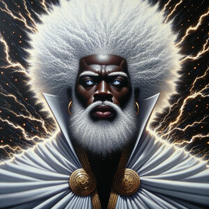 A legendary Black superhero radiates strength with a white afro...