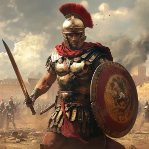 Depict a formidable Roman centurion in full battle armor, standi...
