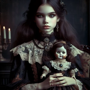 "A young girl in a dark, lace-trimmed dress holds a porcelain doll close to her chest. The doll’s face is serene but slightly unsettling, with bright glass eyes and faintly blushed cheeks. The girl’s expression is one of quiet intensity, and her long, dark hair cascades down her shoulders. She stands in a shadowy room where faint candlelight glimmers off heavy velvet drapes and a carved wooden chair in the background.