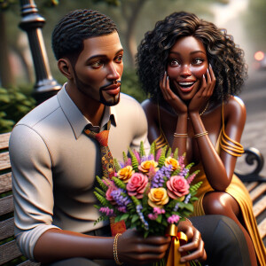 A photorealistic scene captures a young African American couple...