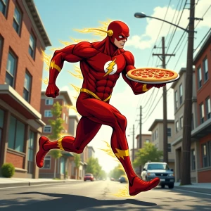A sideways view of the superhero The flash running down a neighb...
