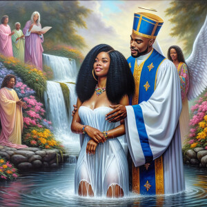 An oil painting depicting a light-skinned African-American pasto...