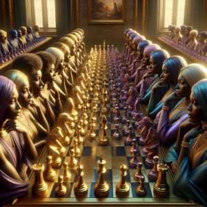 3-D realistic oil, painting, Oh a gold, and purple human chessbo...