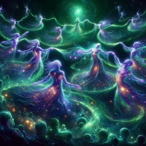 A celestial dance of shimmering cosmic beings, their bodies swir...