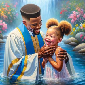 An oil painting of a light-skinned African-American pastor with...