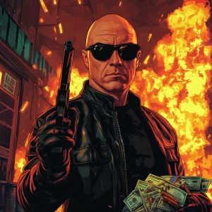 A bald man with a stern expression, wearing dark oval sunglasses...