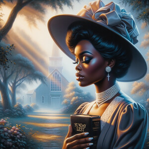 Render an airbrush oil painting of an African American woman with flawless makeup in a
contemplative pose, holding a Bible close to her heart, dressed in an elegant Sunday Best
outfit with a distinctive Church Hat. The background features a peaceful church garden,
with light filtering through the trees, highlighting her spiritual connection and the personal
moment of reflection. The artwork should capture the tranquility of the scene, the beauty
of her attire, and the depth of her contemplation, reflecting a serene and spiritually