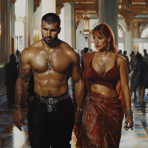 realistic painting.A sweaty beefy man walking with his 54 year o...