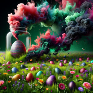 create a easter egg inside of a large jar outside of the jar gre...