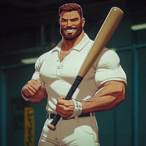 White muscular thin man with beard, big chin, smile and cheekbon...