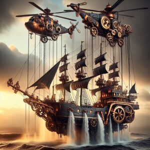 steampunk helicopters lifting a steampunk boat out of the water