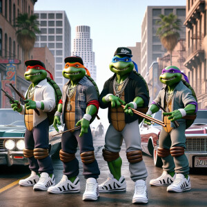 Ninja turtles in los angeles streets with Los Angeles dodgers ha...