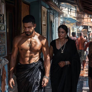 Photorealism, a muscular, sweaty criminal man  greeting guests...