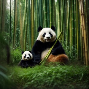 A cat and a panda sitting together as friends amongst bamboo