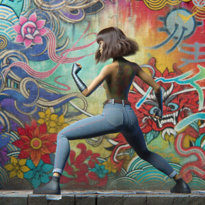 Athletic Thin skinny Attractive, Asian teenage girl, long brown hair and bangs, wearing tight skinny jeans and a halter top paint marks on her clothing, heroic pose Asian graffiti background, backside view