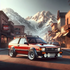 Create an image of a 1988 Mazda 323 GTX Turbo Hatchback, showing...