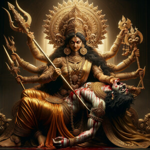 photograph of angry looking goddess durga sitting on a gold crown and carrying a weak mahishasur on her lap and stabbing him with her amazingly designed trident. She is wearing gold armor, a huge gold crown, gold saree, abundant  gold jewelry, covered in blood. The scene is set in ancient India. The image is 8K resolution, cinematic, ultra detailed face and epic.