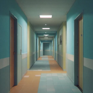 90s VHS aesthetics minimalistic school hallway