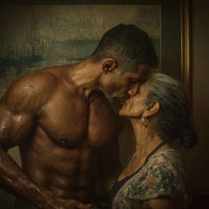 hyperRealism photo painting.a muscular sweaty indian man carin...