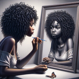 Create a 3-D realistic beautiful African-American  women with thick curly black hair
Looking at herself in the mirror, but the reflection she sees is a child, and she is no longer beautiful. She is ugly with scars. There is a fallen butterfly.