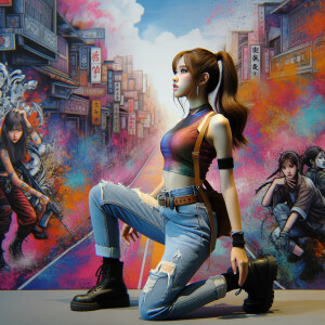 teenage girl, long brown hair and bangs, wearing tight skinny jeans and a halter top paint marks on her clothing, heroic pose Asian graffiti background, nearing on one knee