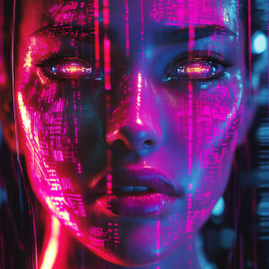 A woman’s face, illuminated by neon lights, with a fractal-patte...
