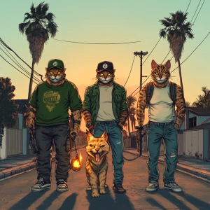 Three humanoid cats standing on a suburban street. The cat on th...